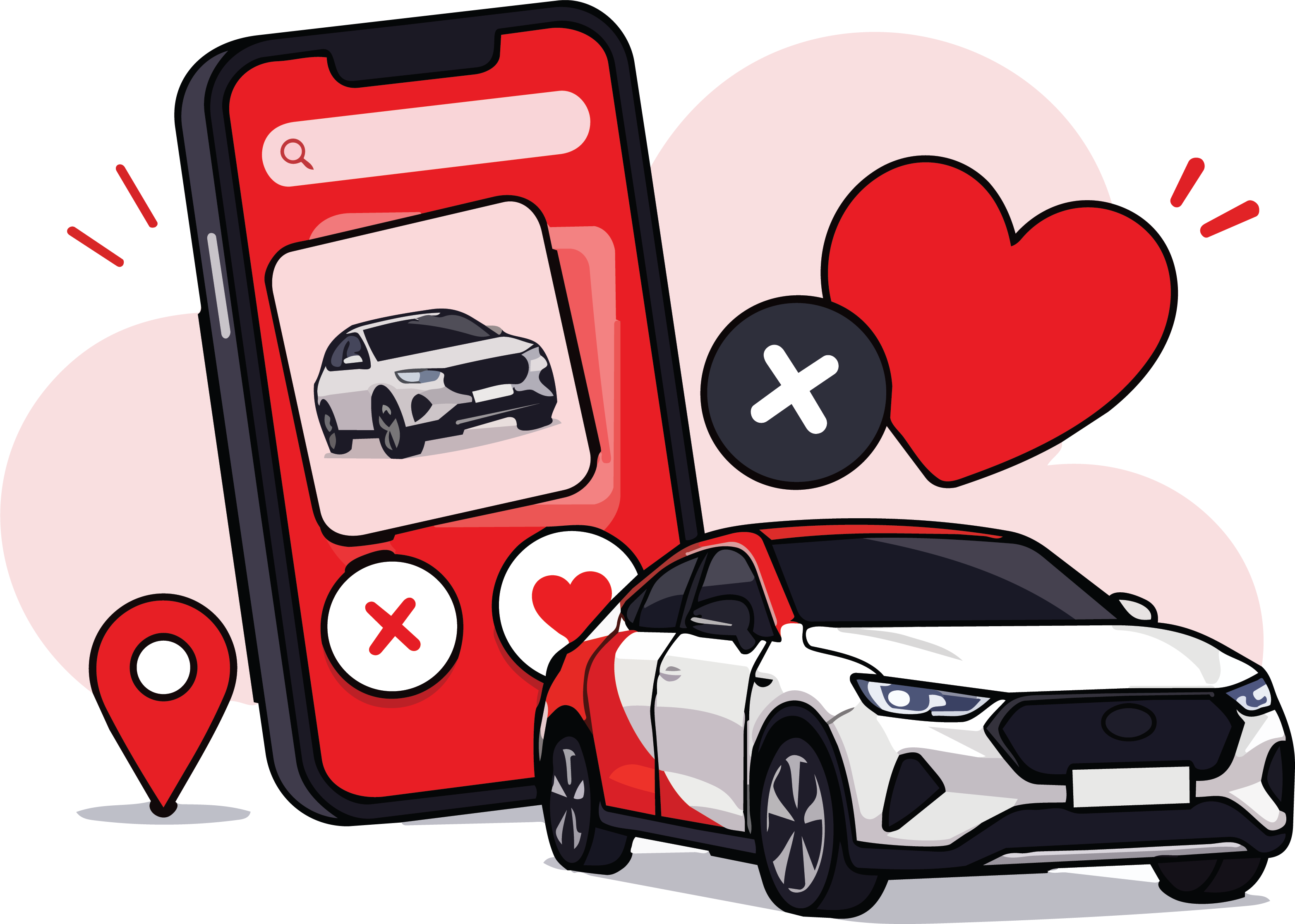Ilustrasi MatchUp: mobil, ponsel dengan kartu kendaraan, serta pilihan suka atau lewati.